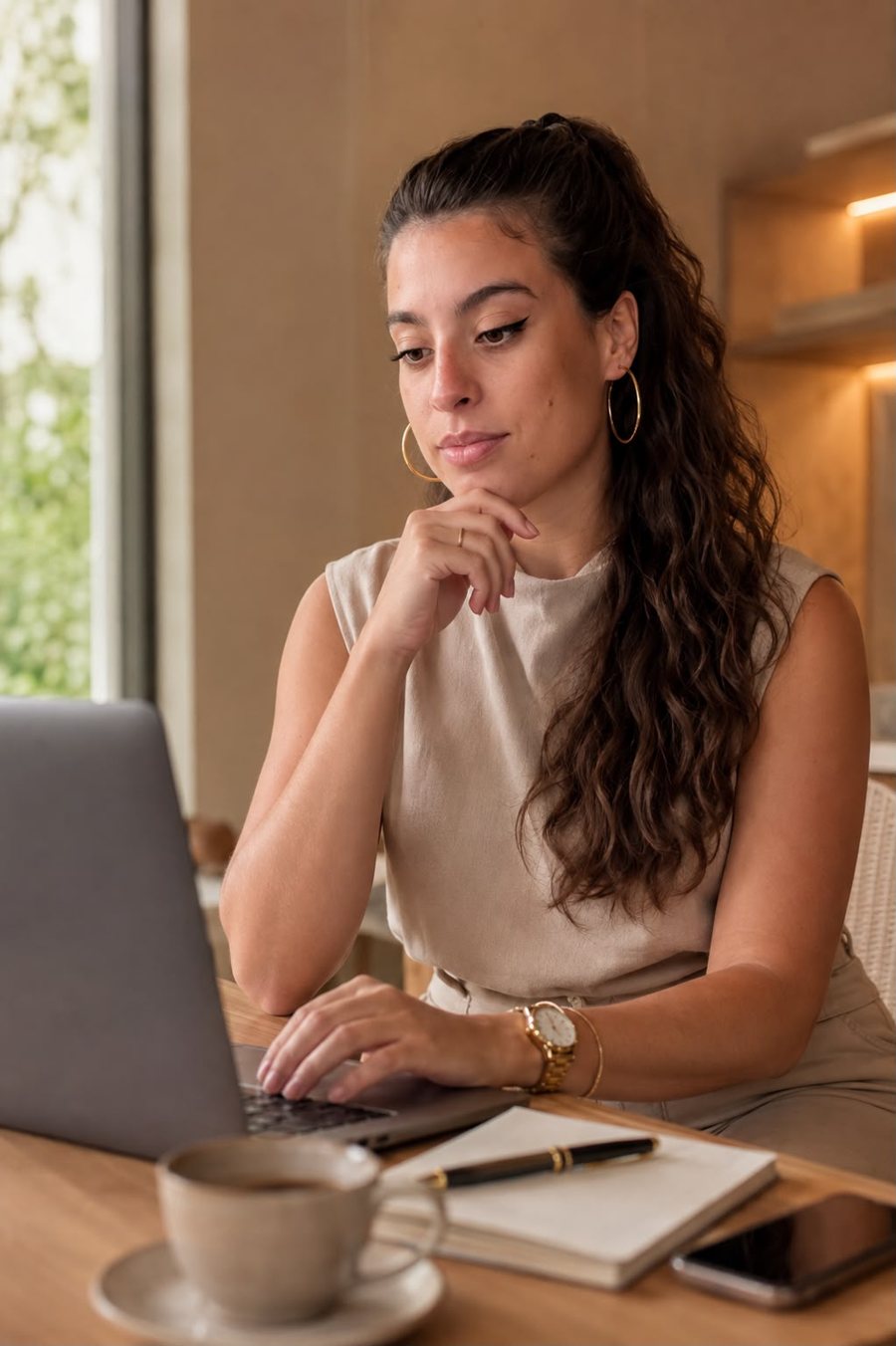 Luíza Aguiar no computador, com um café ao lado